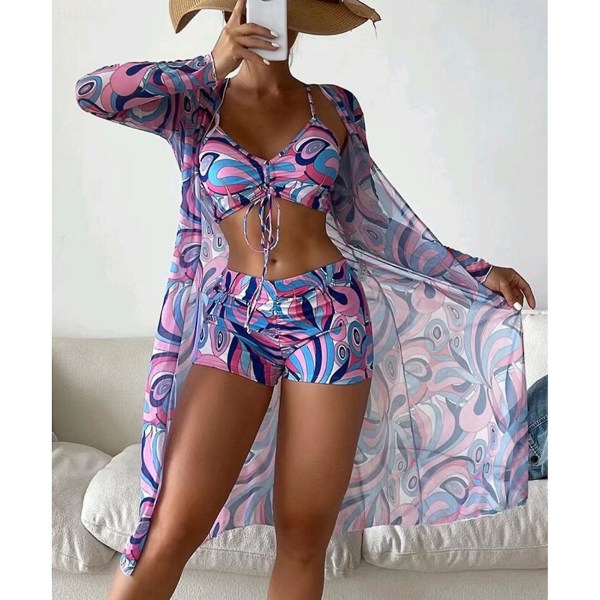 Naisten bikinit, printed 3-osainen uima-asu, korkeavyötäröinen aurinkosuojauimapuku Langattomat rintaliivit mesh Cover Up Rantavaatteet