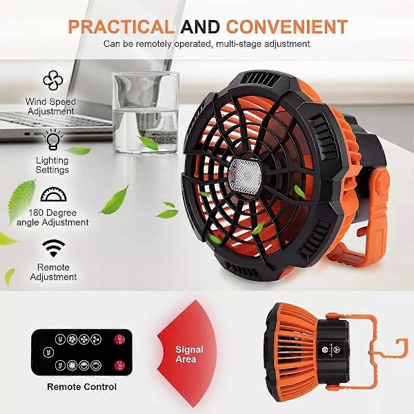 Portabel campingfläkt med LED-belysning, USB-driven, kompakt design, mångsidig utomhusbruk