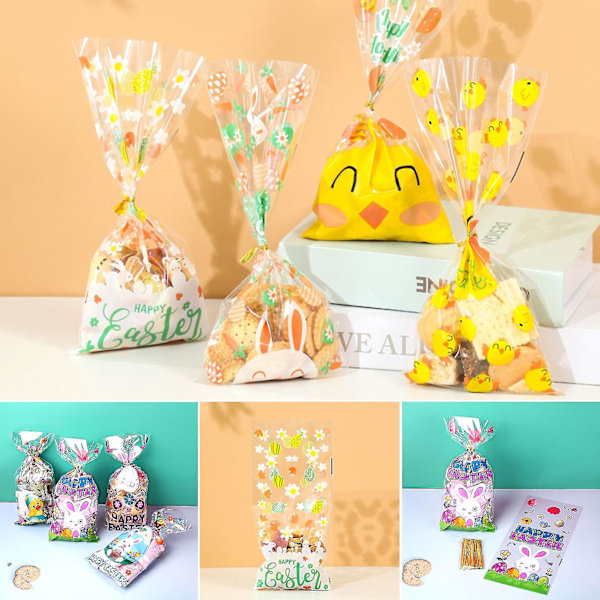 50 st Förpackningsväskor Transparent Cartoon Bunny Eggs Chick Stor Kapacitet Flerfunktions Festlig Dekorativ DIY Påskkex Present Snacksäckar Party Fav