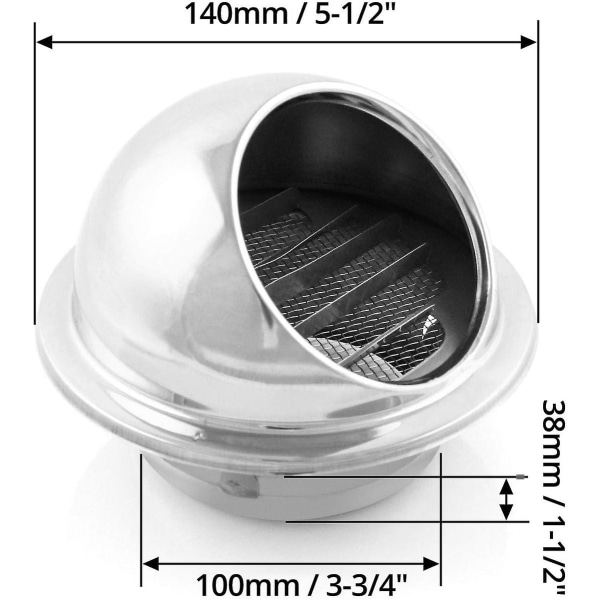 Runde Rustfrit Stål 304 Ventilationsgitter til 100mm Ventilationsrør