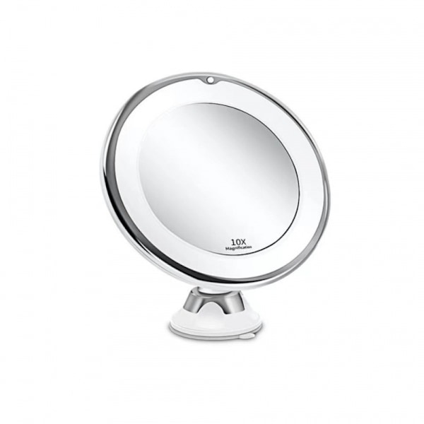 Suction Cup Makeup Mirror with LED Light and 10x Magnification - White