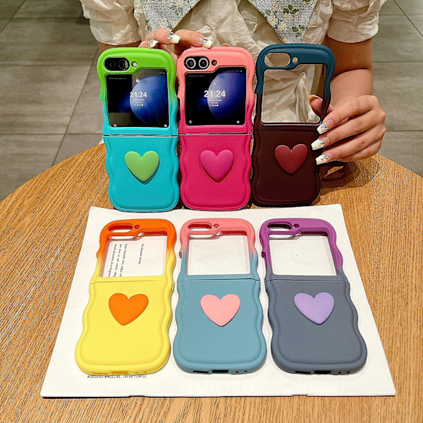 For Samsung Galaxy Z Flip 6 deksel, søt 3D kjærlighet hjerte gradient farge bølge ramme myk TPU støtsikker deksel for Galaxy Z Flip 6 2024