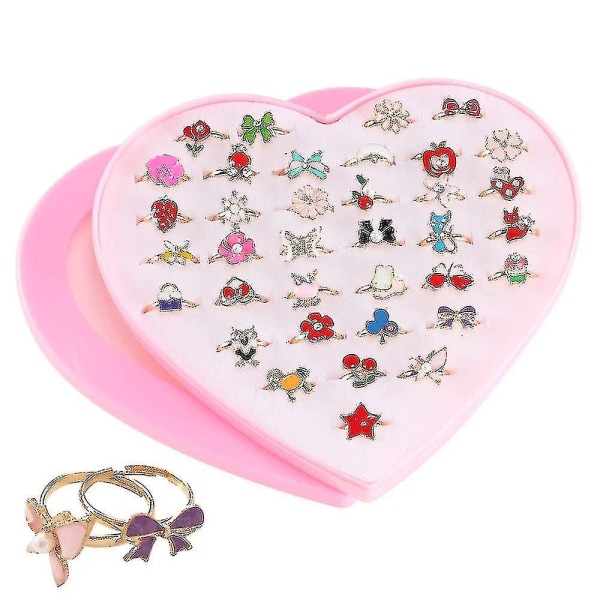 36 stk justerbare ringer sett for jenter prinsesse smykker fingerringer for barn bursdagsfest med hjerteform Box-yu