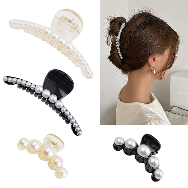 Set of 4 Big Pearl Hair Clips White and Black Hair Clips Long Thick Hair Clips Hair Clips Hair Accessories for Ladies and Girls