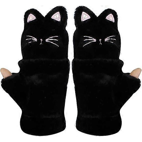 1 par Dam Flickor Handskar Varma Mjuka Söta Katt Plysch Konvertibla Flip Top Vinter Fingerlösa Tjocka Vantar för Tonåringar