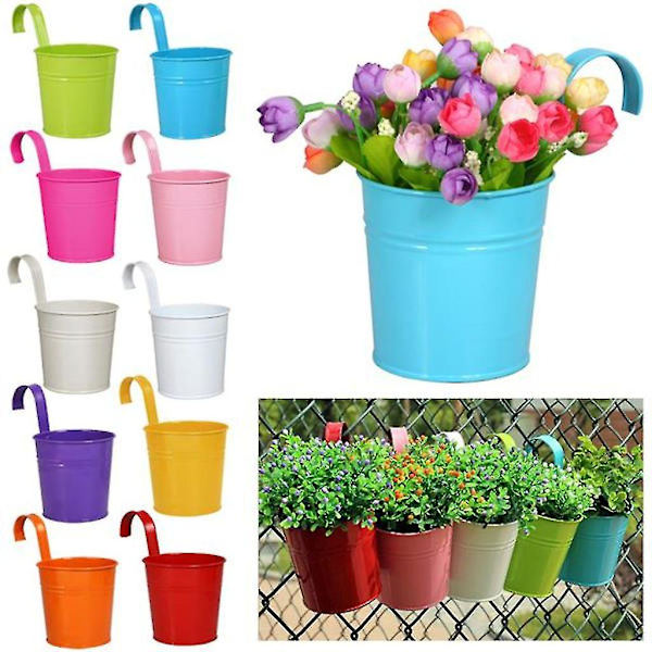 Sæt med 10 Hængende Potter, Plantepotter, Blomsterpotter, Planteholdere med Kroge, Balkonvægdekoration