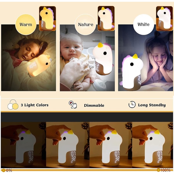 genopladeligt børnenatlysvækkeur, enhjørning sengelampe med 3 tilstande, nomadisk natlys, lyst morgenvækkeur til pigeseng