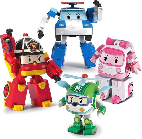 4-pak Poli + Amber + Roy + Helly Transformerbare Robot Legetøj, 4-tommer Transformerbare Actionfigurer