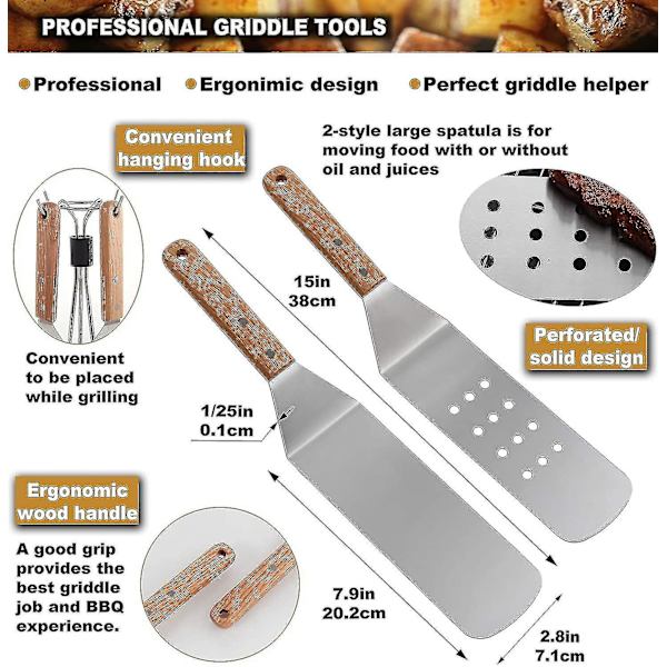 8 stk. Grilltilbehørs Sæt - Professionelt Robust Rustfrit Stål Grillspatel - Ideelt Til Teppanyaki, Grillning Og Grillplader
