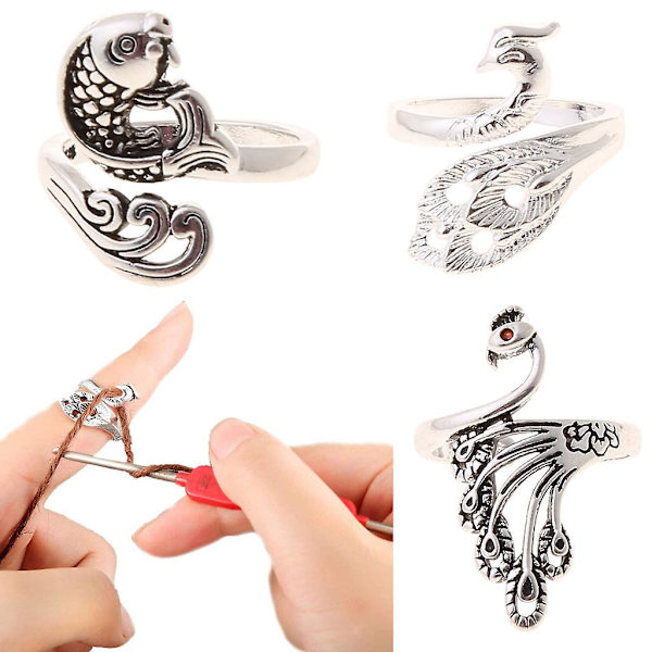 3 st retro fisk påfågel finger ring stickning loop virka öppna ringar för present