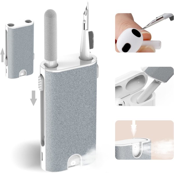 5-in-1 Electronic Cleaner Kit - Kannettava puhdistussarja Airpodeille/nappikuulokkeille/puhelimelle/kameralle/kellolle/ watch, puhdistuskynällä ja suihkepullolla, monitoiminen