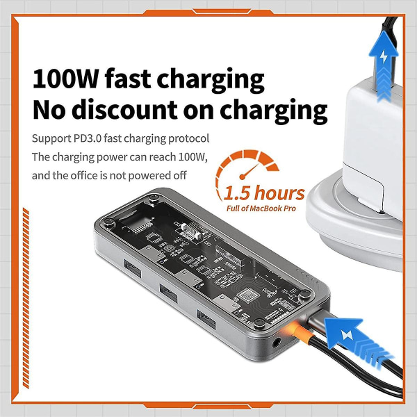 10-in-1 USB-C-hubiadapteri, USB-C-kannettavan telakointiasema kahdelle näytölle, USB 3.0 ja 2.0 portit, 100 W PD