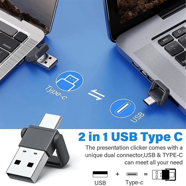 2-i-1 USB Type C presentasjonsklikker, oppladbar trådløs presentasjonsfjernkontroll, klikker for Powerpo