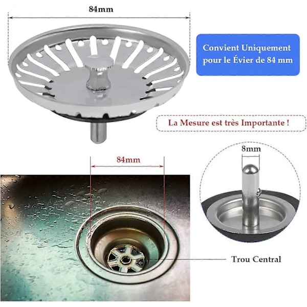 2 Stykker Rustfritt Stål Kjøkkenvask Propp Universal Kjøkkenvask Filter 84 mm Kjøkken Sil Rustfritt Stål Vaskrist for Kjøkken og Bad