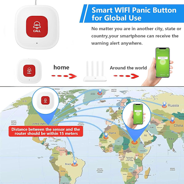 WiFi-larmknapp för vårdgivare för äldre hemma med app-avisering, övervakning av äldre, vårdgivarpersonsökare, larmsystem för seniorer, ingen månadsavgift