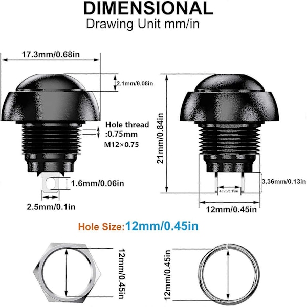 12 stk. 12mm Vandtætte Momentane Trykknapper SPST ON/OFF 3A/3V-5V-9V-12V-24V-230VAC, Oplukkelig Rund Knap, til Bilhorn, PC, Bordlampe, Hjemmedør