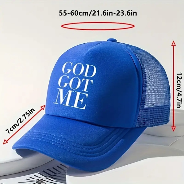 GOD GOT ME Baseball Cap Trendy Trykt Ensfarget Mesh Trucker Hat Pustende Justerbar Pappa Hatter For Kvinner & Menn