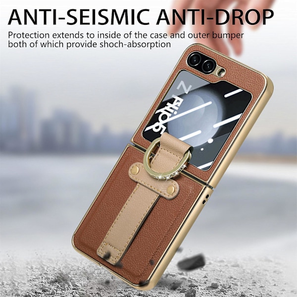 Plating Z Flip 5-deksel, PU-lærdeksel for Samsung Galaxy Z Flip 5 med glitterdiamant-ringholder og bakskjermbeskytter