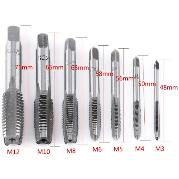 7 kpl metriset rautapultit, kierteiden leikkaustyökalut M3, M4, M5, M6, M8, M10, M12