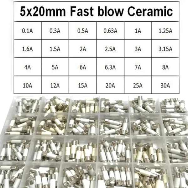 24 Valus Ceramic Fuse 5x20mm Fast Blow Fuses 0.1a 0.3a 0.5a 1a 1.5a 2a 2.5a 3a