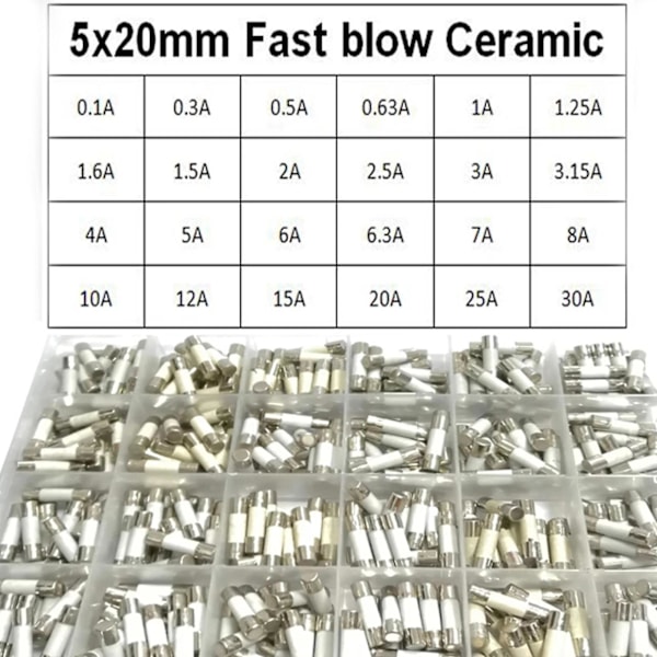 24 Valus-keramiikkasulakkeet 5x20mm Nopeapuhallussulakkeet 0.1a 0.3a 0.5a 1a 1.5a 2a 2.5a 3a