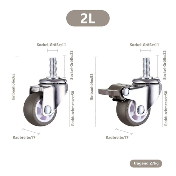 M10 Svingbare Hjul Med Bremse, Tunge Gummi Svingbare Hjul, Arbeidsbord, Møbelhjul, Gjenget Diameter: 10Mm, Lengde 25Mm, 2 Med Bremse + 2