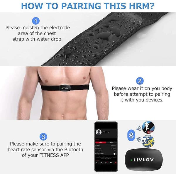 V6 Hjertefrekvensmonitor Bryststropp, Bluetooth 5.0 ANT+IP67 Vanntett Sensor for Strava