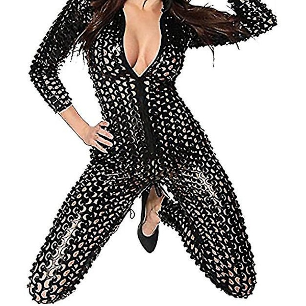 Naisten seksikäs ontto Catsuit Jumpsuit Metallic Clubwear Costume Stripper Nahkainen alusvaatteet