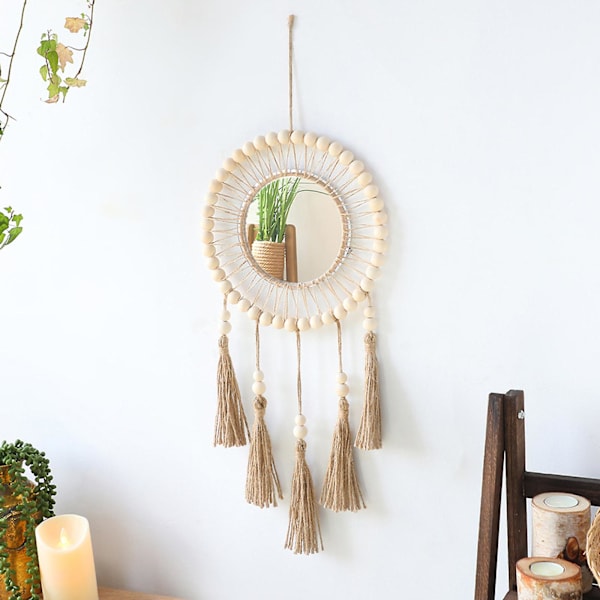 Boho Macrame Vägg Hängande Spegel Handgjord Vävda Gobeläng Dekoration För Hem