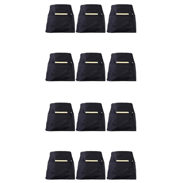 12 pakke svarte midjeforklær med 3 lommer - halve forklær for servitør Servitør 24 X 12 tommers server Apr-YUHAO
