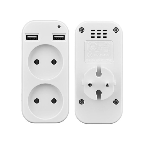 2-polet Multihullet Stikkontakt med 2 USB-porte EU-standard Forlængerledning Adapter