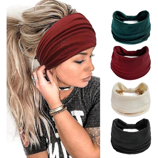 4-pack Damhårband, Breda Elastiska Mjuka Boho-Hårband med Leopardmönster, Yoga-Sport-Hårband, Flerfärgade Damhårband (I)