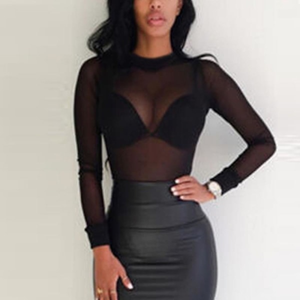 Sexy Women T Shirt See Through Transparent Mesh Tops Long Sleeve Sheer Slim Ladies Turtleneck T-shirt