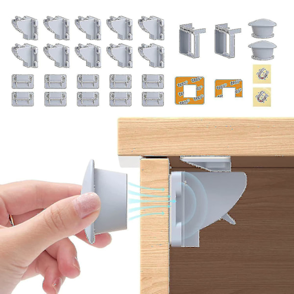 Magneettiset kaappilukot (10 lukkoa 2 avainta), Kaappilukot vauvoille, Vauvan turvallisuus ja lapsiturvallisuus , Vauvan turvallisuus kaappeihin, Sopii useimpiin kaappeihin ja 