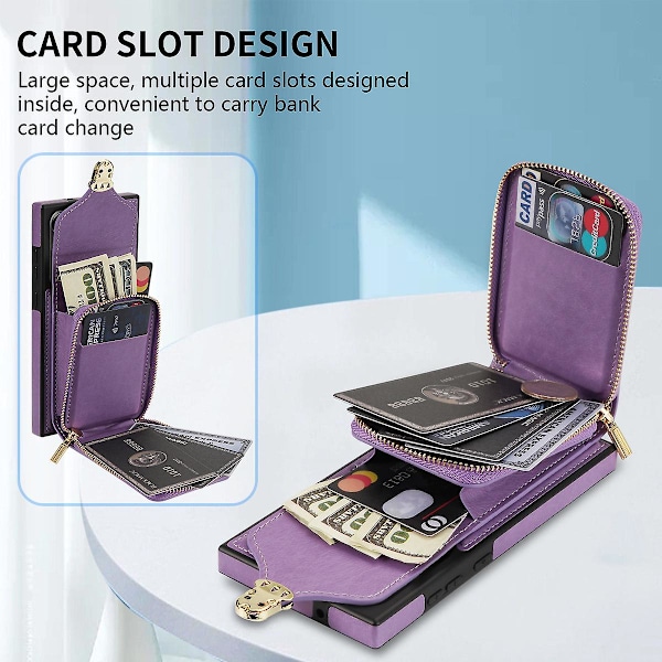 For Samsung Galaxy S24 Ultra lynlås pung etui, kortholder lædercover med crossbody snor til kvinder