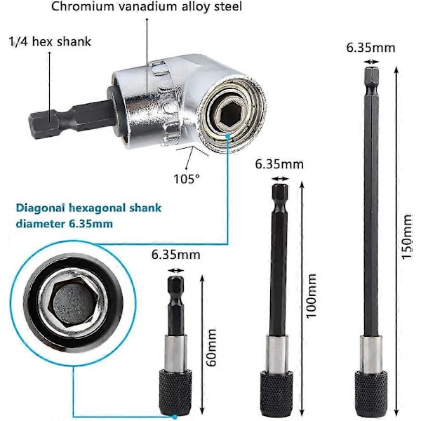 4-pack Elektrisk Sladdlös Borrbitsskruvmejselbit 105 Grader 1/4 Tum Stark Magnetisk Borrchuck Hexagonstavsförlängning med 60mm/100mm/150mm