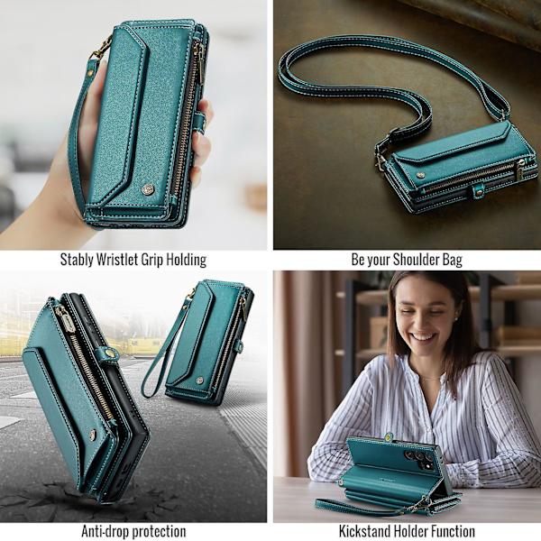 Crossbody-plånboksfodral för Samsung Galaxy Z Fold 6 med RFID-blockering, magnetiskt flippfodral med dragkedja och kortfack i läder med handrem