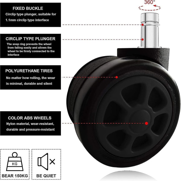 Spelstolshjul, utbytbara ersättningshjul med anti-fall-funktion och smidig glidning (5 delar/ set, svart)-yu