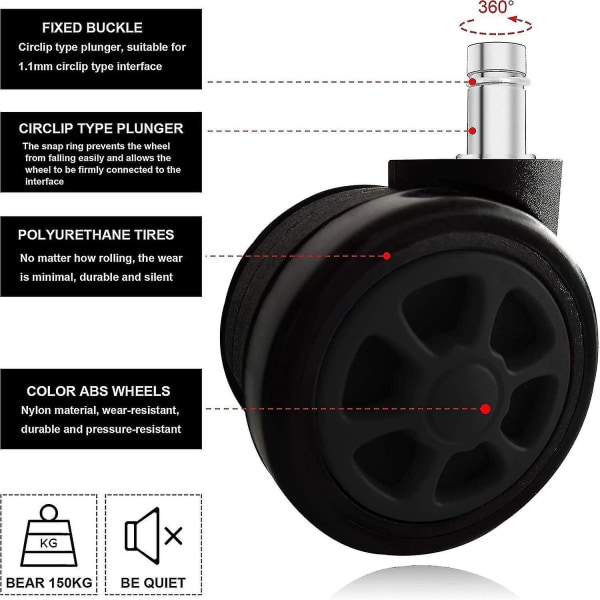 Spillestolhjul, utskiftbare erstatningshjul med anti-fall funksjon og jevn gliding (5 stykker/sett, svart)-yu