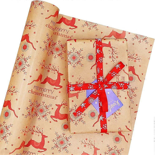 10 Öppna 50cm*70cm Julklappspapper på Rulle, Älgmönstrat Presentpapper på Rulle, Återvinningsbart Kraftpapper för Juldekoration