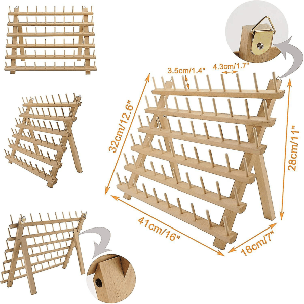 2x60 puolaa puinen lankateline/langanpidike Organizer ripustuskoukuilla kirjontatippausta ja ompelulankoja varten