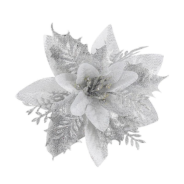 12 Pcs 14cm / 5.5in Silver Poinsettia Artificial Flowers Glitter Christmas Tree Poinsettia Decorations for Xmas Wedding Party Wreath