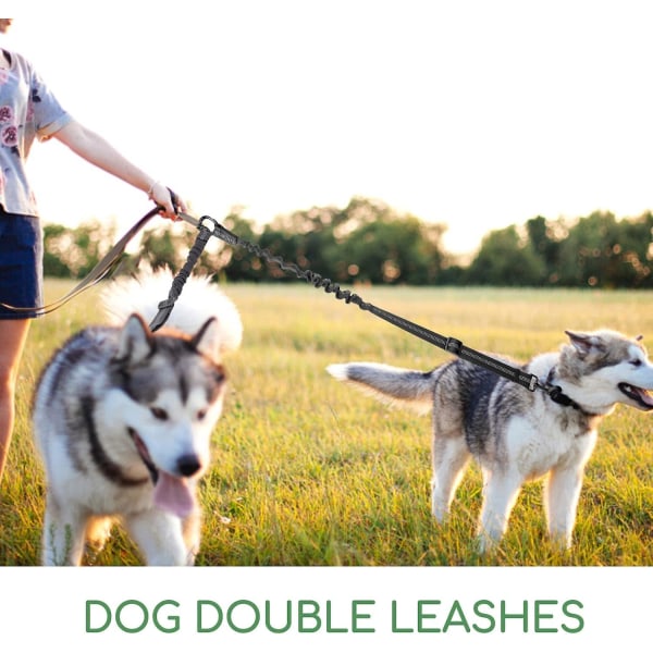 Dobbel hundebånd, flokefritt justerbart reflekterende garn, dobbel skillelinje for trening og tur med 2 hunder