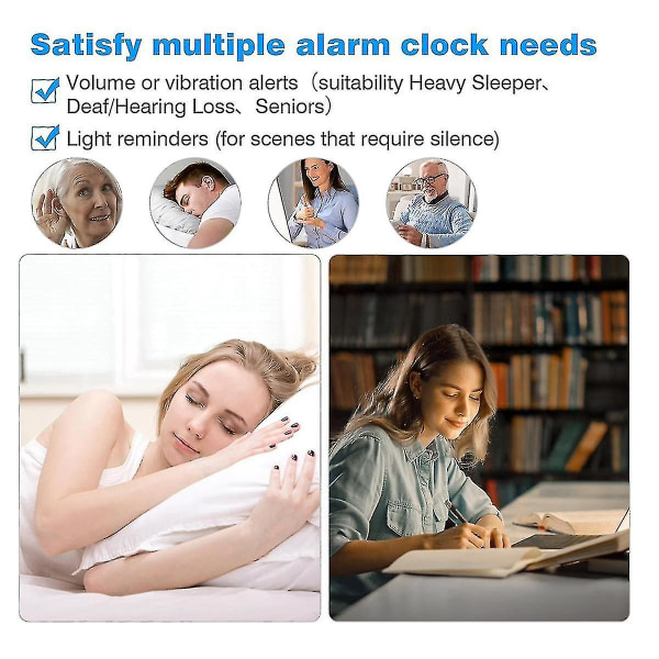 Kova herätyskello raskaalle nukkuville aikuisille, kaksoisherätyskello sängynravistimella, makuuhuoneisiin, 6,5 tuuman näyttö