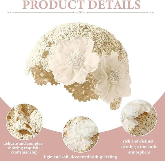 Hæklet Hat - Dame Sommerhat, Elegant Perle/Rhinesten Blomst Strikket Hat