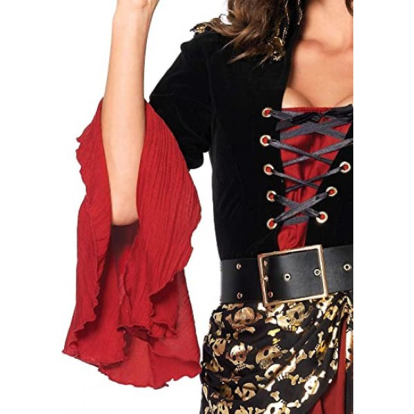 Kvinders Cruel Seas Pirate Captain Dress kostume med påsat skærf, bælte, hat, sort/burgunder, Xl