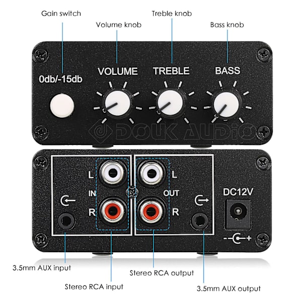 Mini Audio Attenuator 3,5 mm/RCA Volumenstyring Stereo Forforstærker W/tone Control Fg