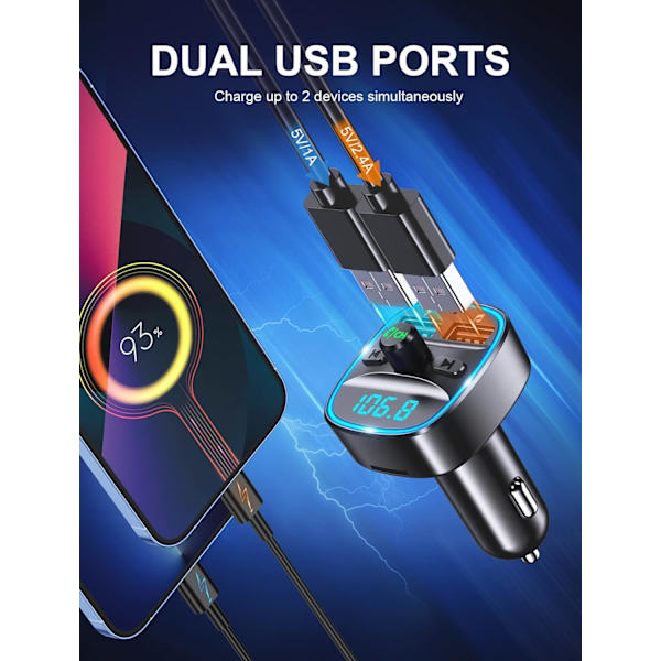 Bluetooth-biladapter, bil-MP3-afspiller FM-sender, håndfri opkald, dobbelte USB-porte (5V/2.4A & 1A), LED-skærm, USB-flashdrev