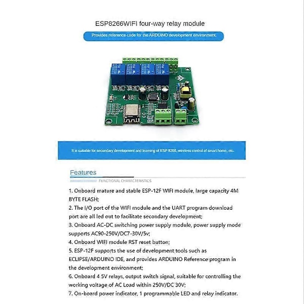 4-kanavainen ESP8266 langaton WIFI-relemoduuli ESP-12F kehityskortti AC90-250V/DC7-30V/5V E-APP kauko-ohjaus