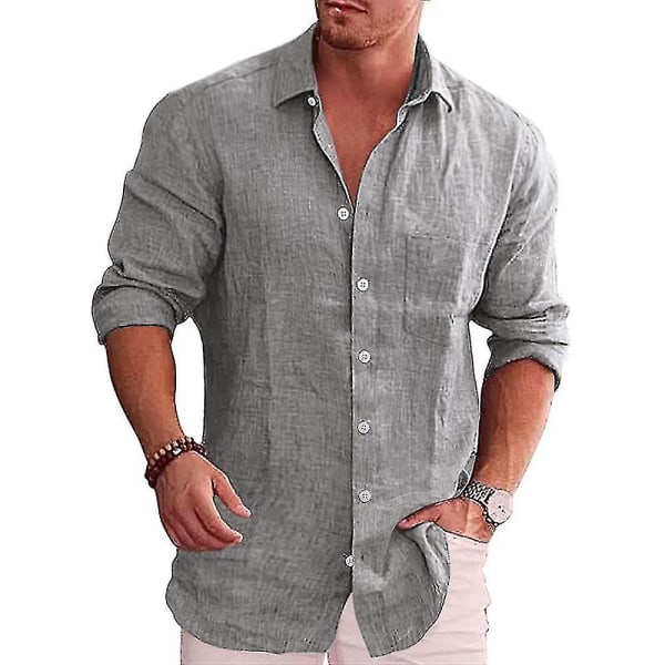 Herr Skjorta i linne-look Långärmade skjortor med knappar Lös Casual Top_x